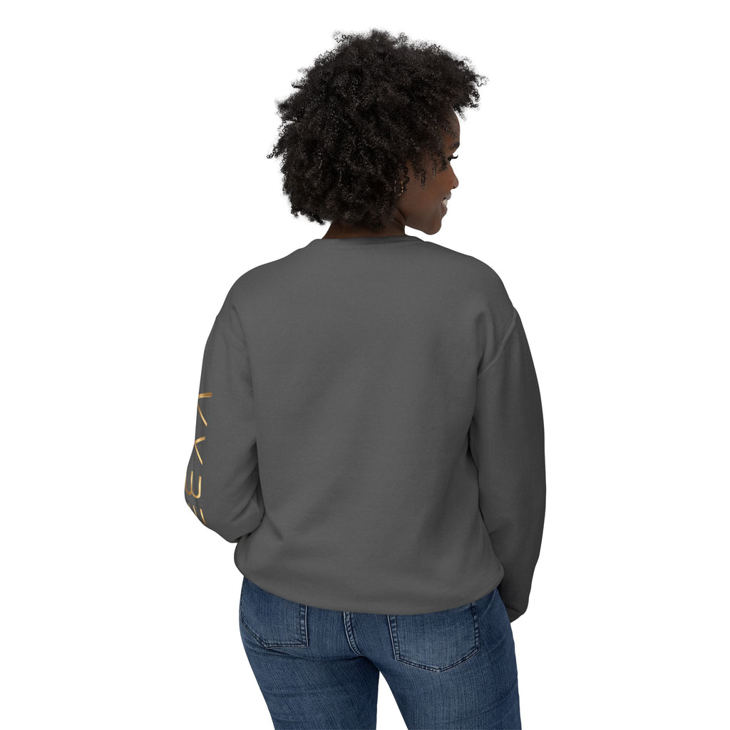 Minimalist White Crewneck Sweatshirt with Gold Sleeve Script