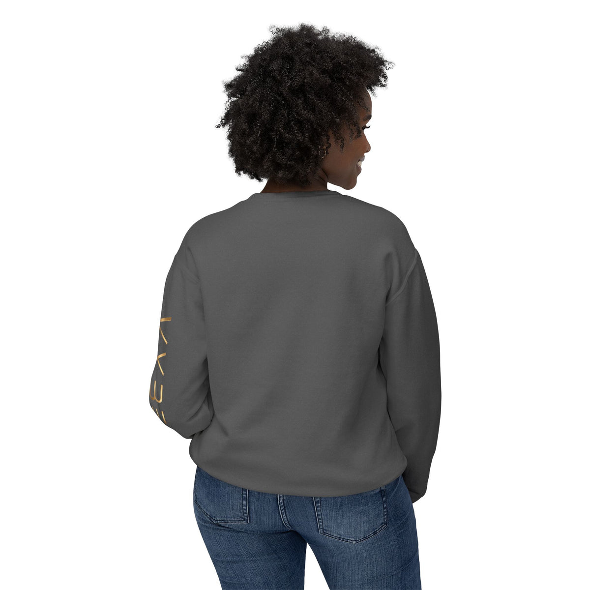 Minimalist White Crewneck Sweatshirt with Gold Sleeve Script