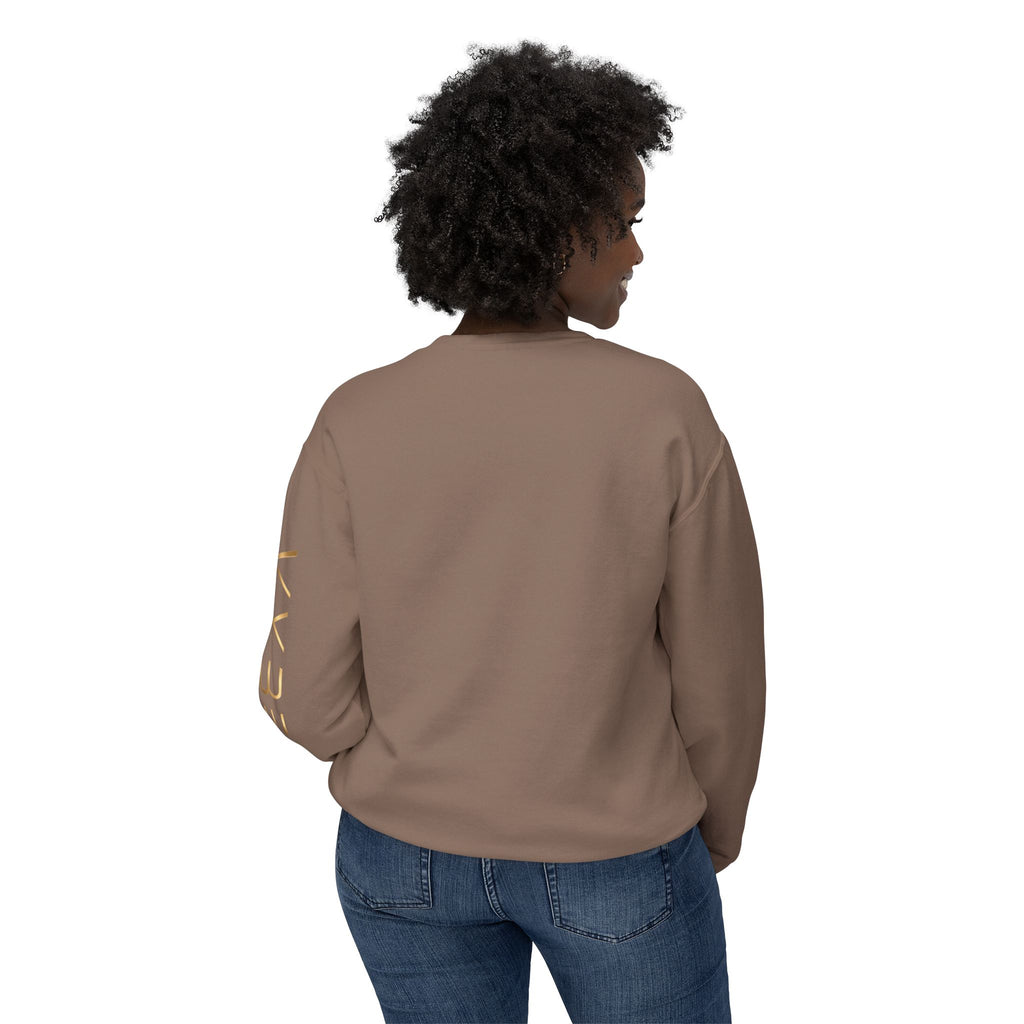 Minimalist White Crewneck Sweatshirt with Gold Sleeve Script