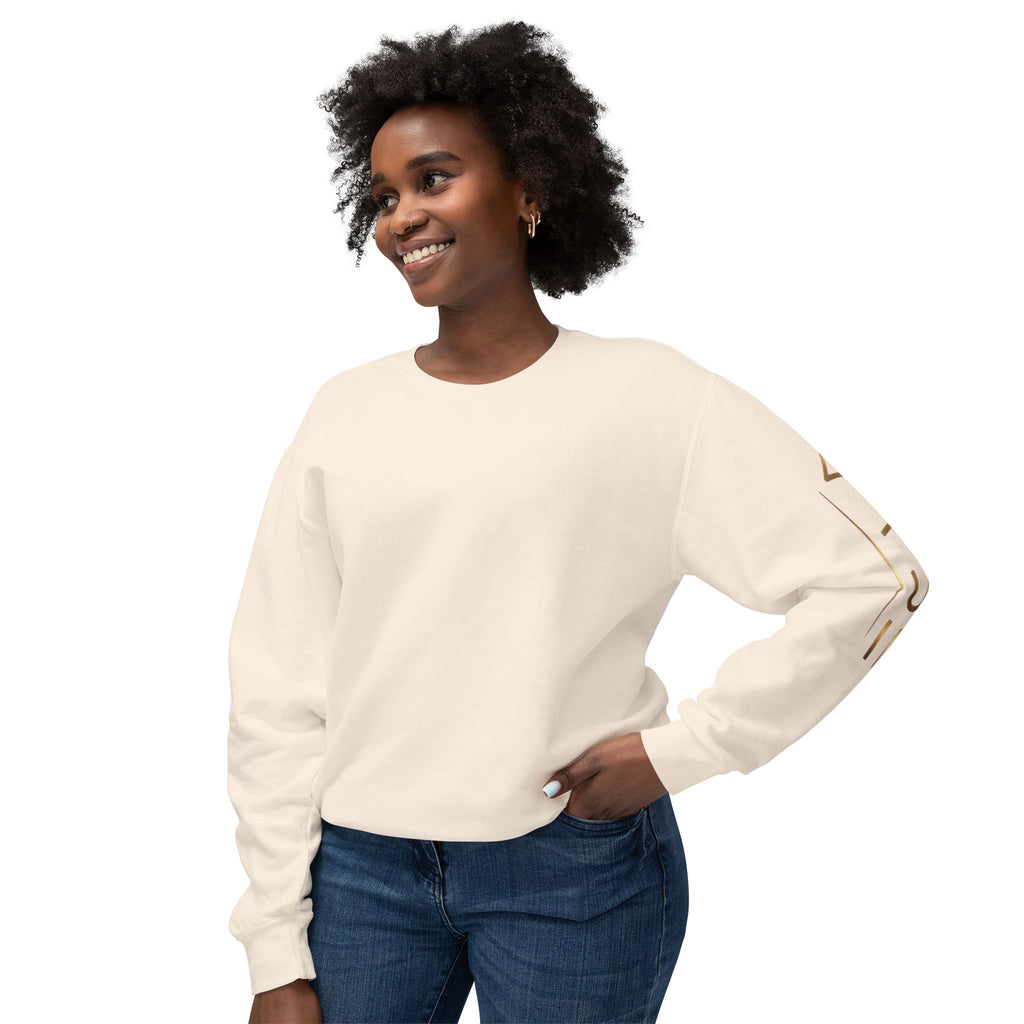 Minimalist White Crewneck Sweatshirt with Gold Sleeve Script