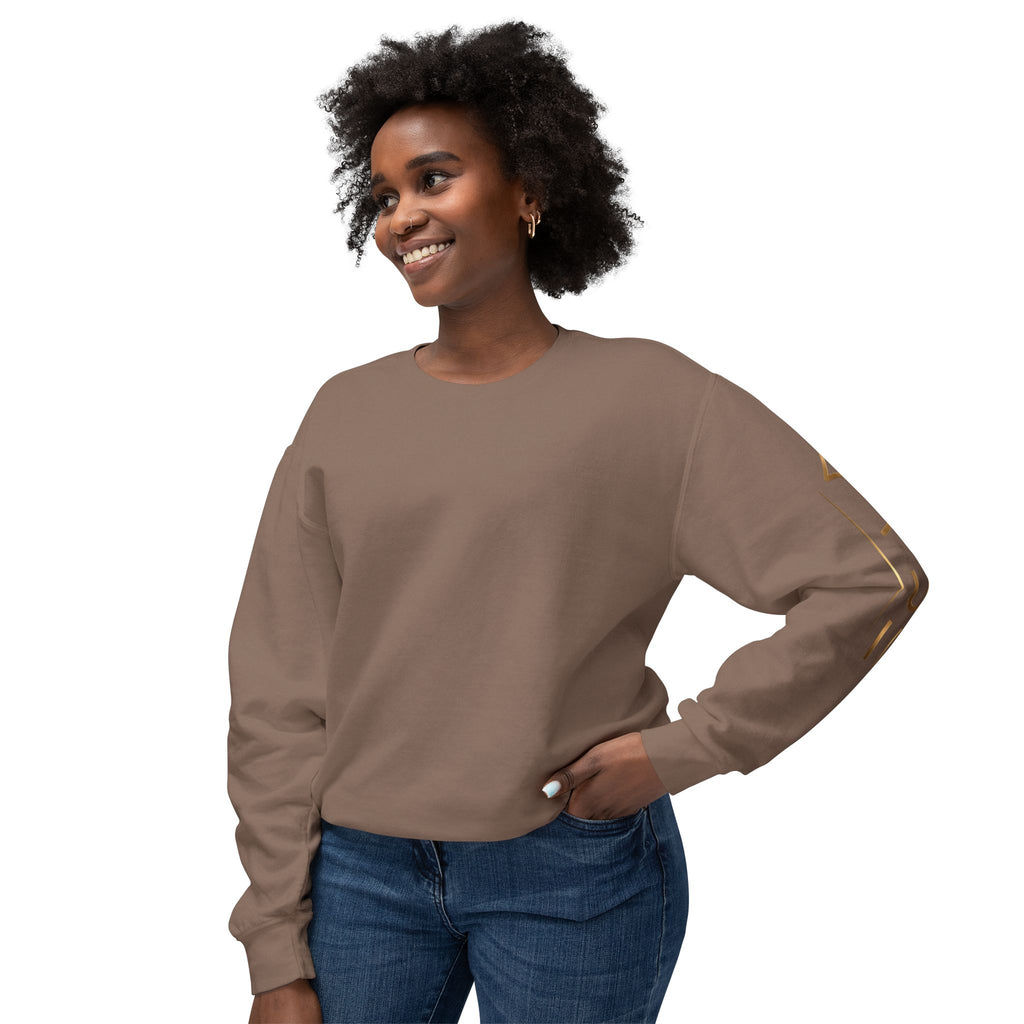 Minimalist White Crewneck Sweatshirt with Gold Sleeve Script
