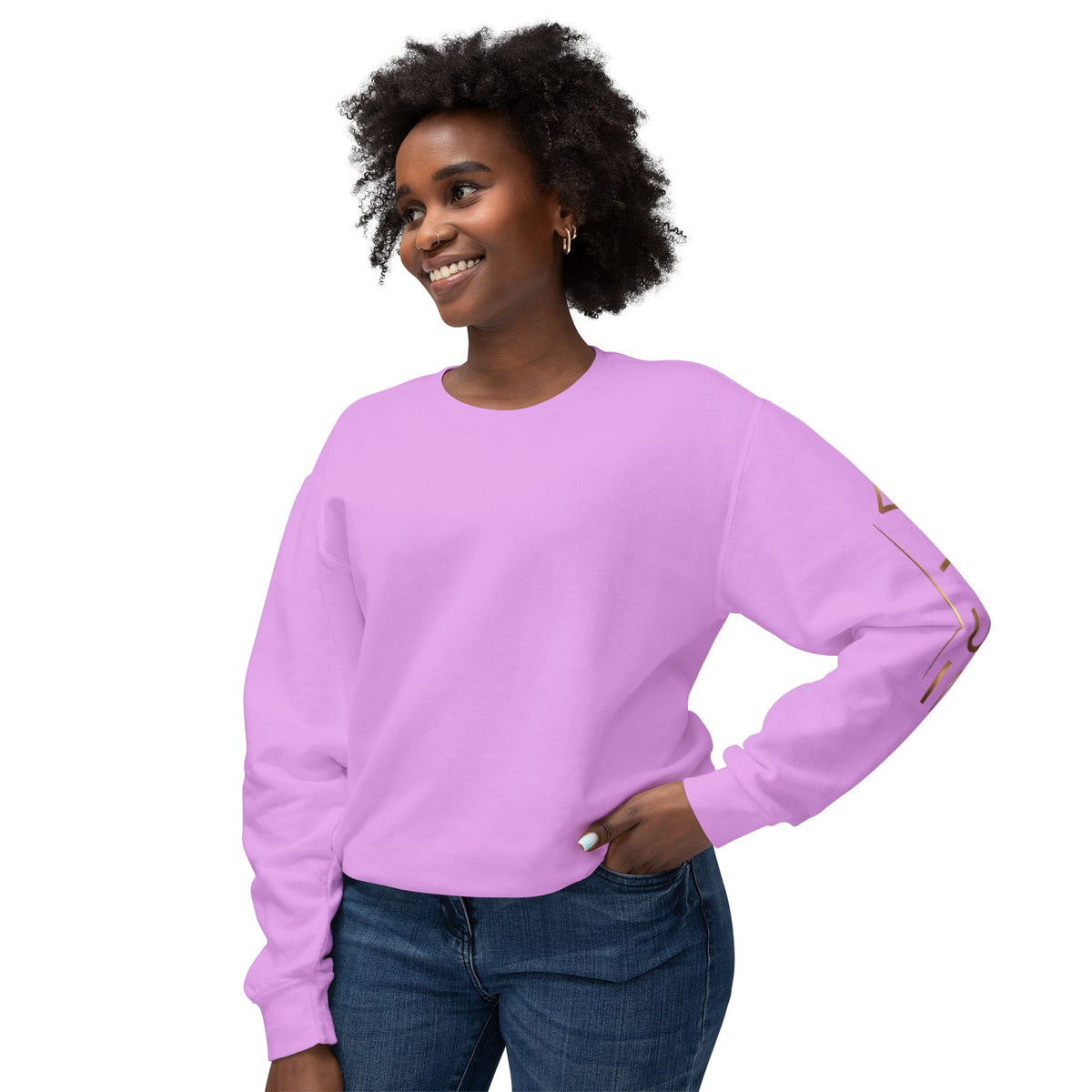 Minimalist White Crewneck Sweatshirt with Gold Sleeve Script
