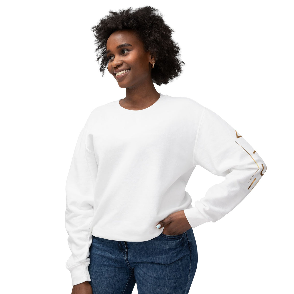 Minimalist White Crewneck Sweatshirt with Gold Sleeve Script