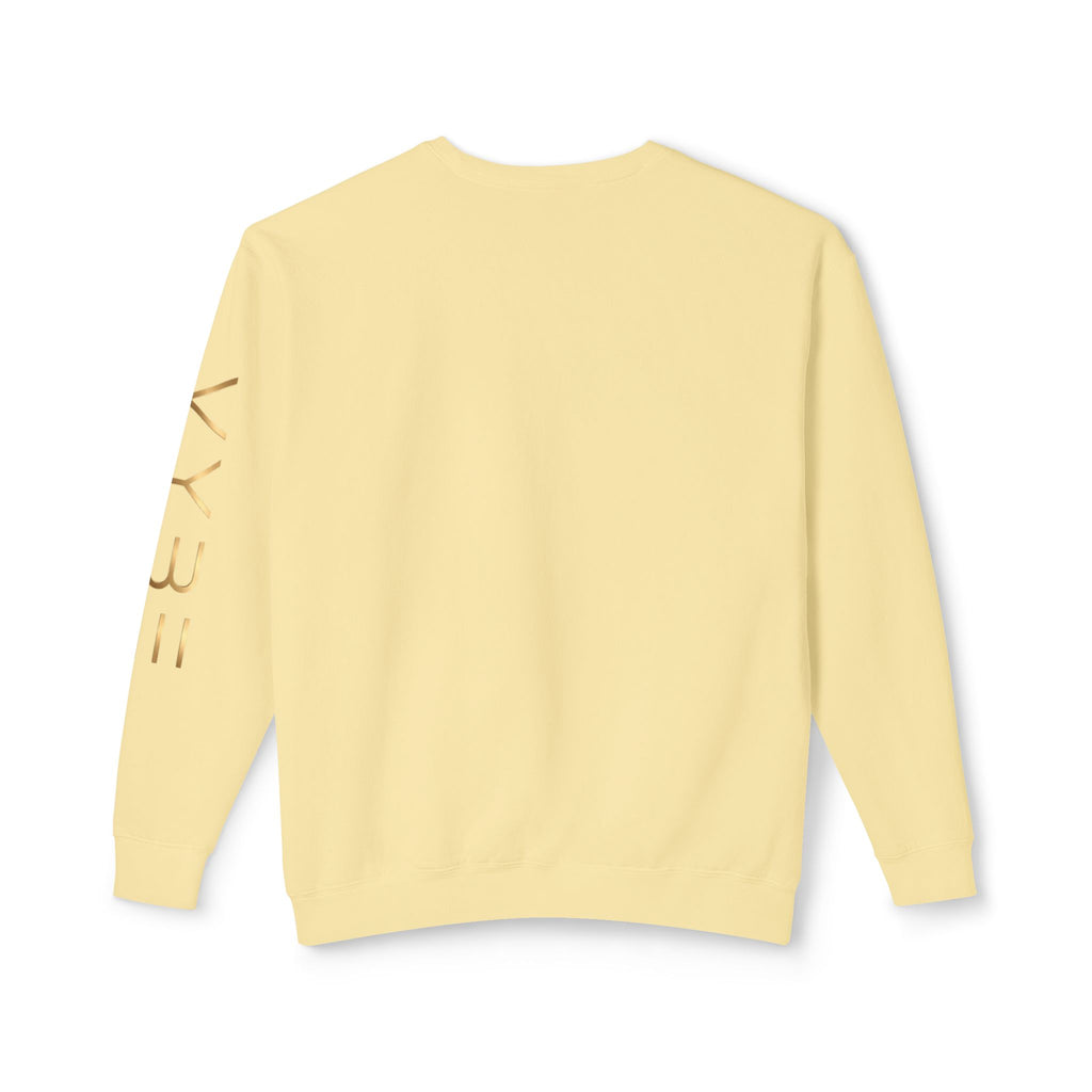 Minimalist White Crewneck Sweatshirt with Gold Sleeve Script