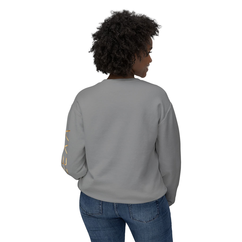 Minimalist White Crewneck Sweatshirt with Gold Sleeve Script