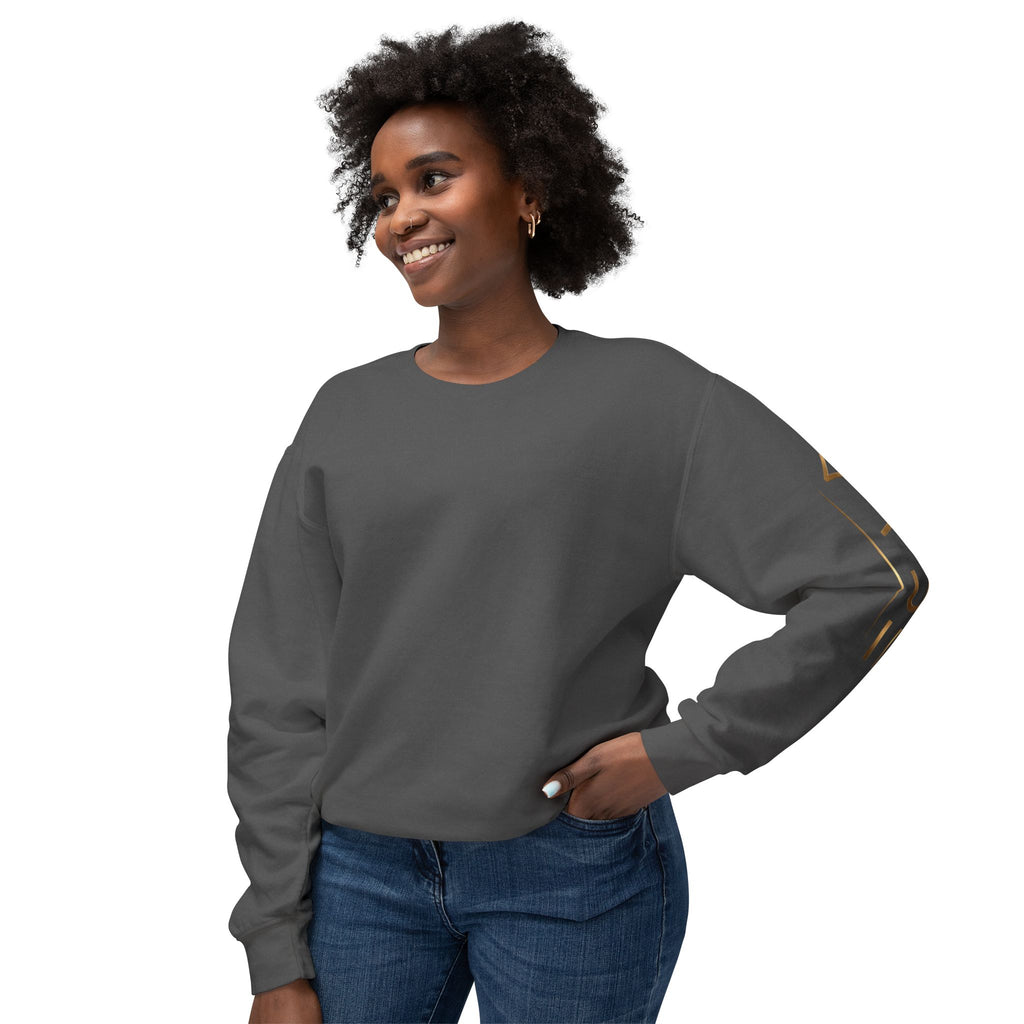 Minimalist White Crewneck Sweatshirt with Gold Sleeve Script