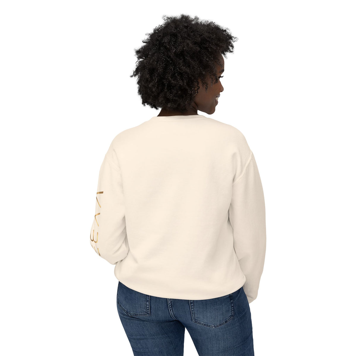 Minimalist White Crewneck Sweatshirt with Gold Sleeve Script