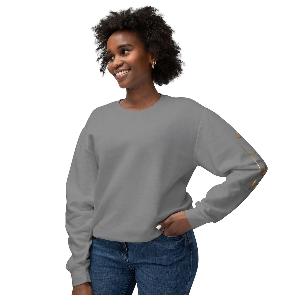 Minimalist White Crewneck Sweatshirt with Gold Sleeve Script