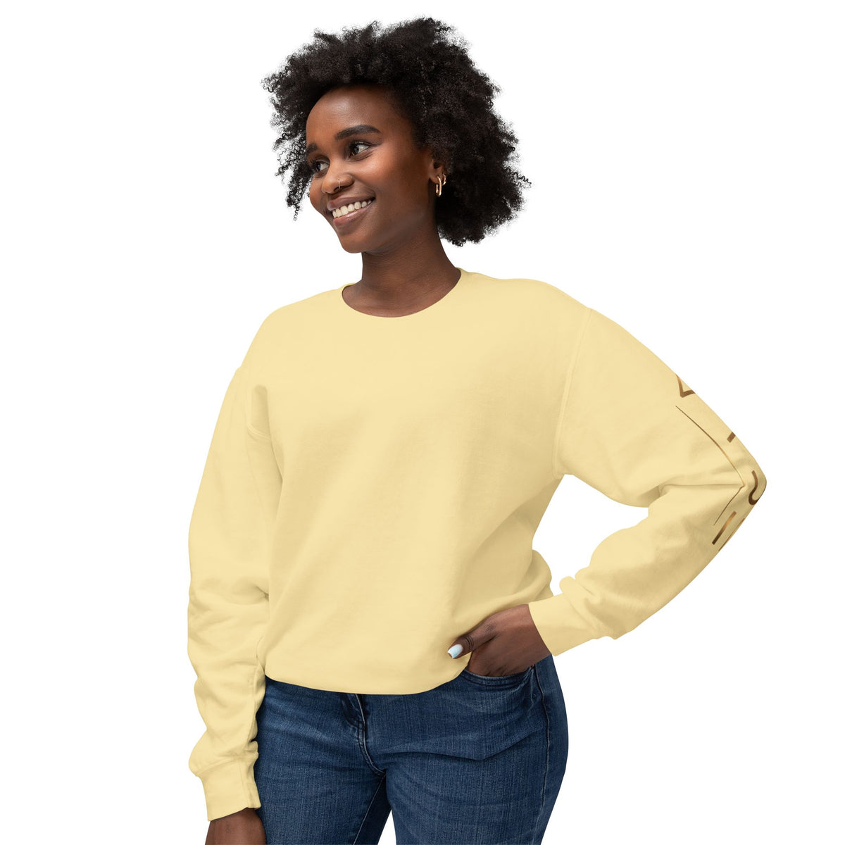 Minimalist White Crewneck Sweatshirt with Gold Sleeve Script