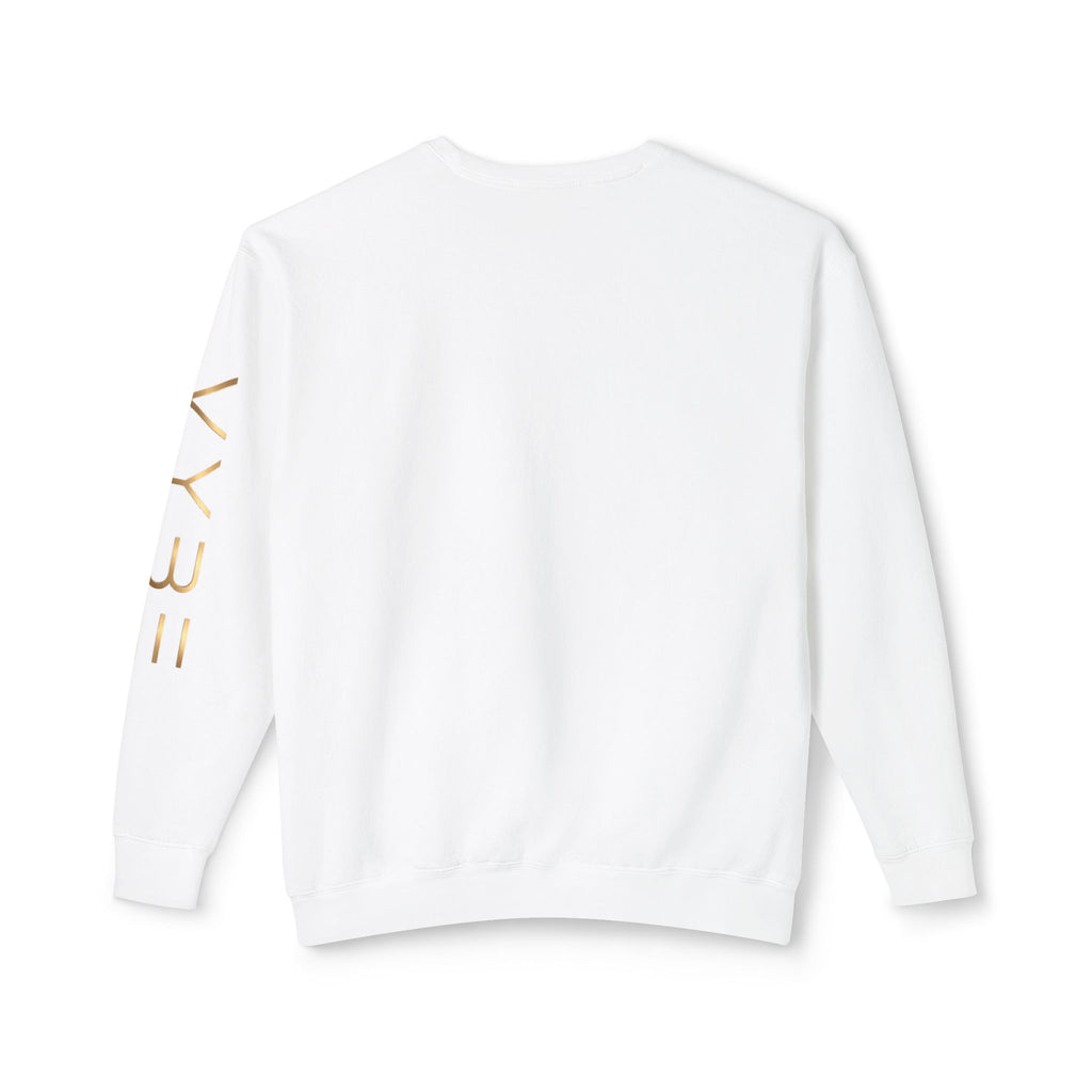 Minimalist White Crewneck Sweatshirt with Gold Sleeve Script