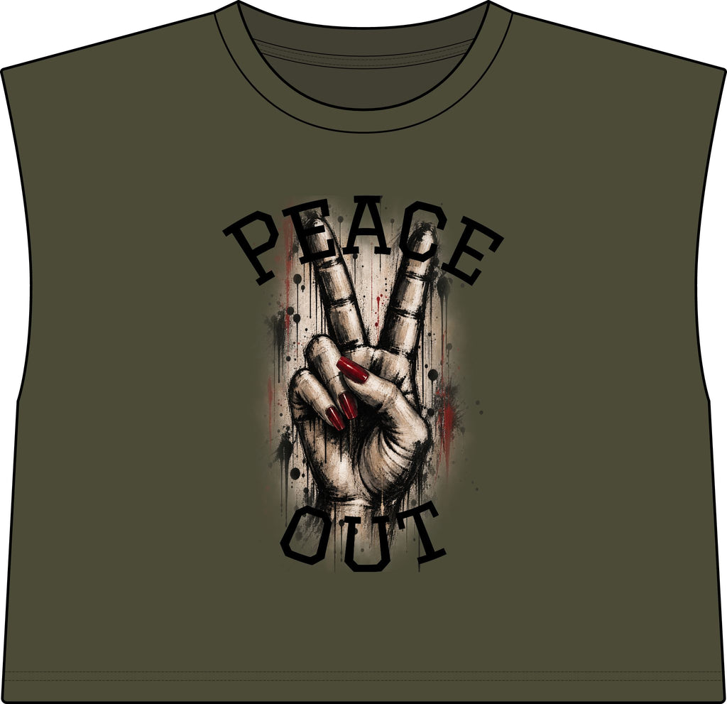 Peace Out Muscle Tee — Women's Cropped Graphic Tank with Peace Sign Design