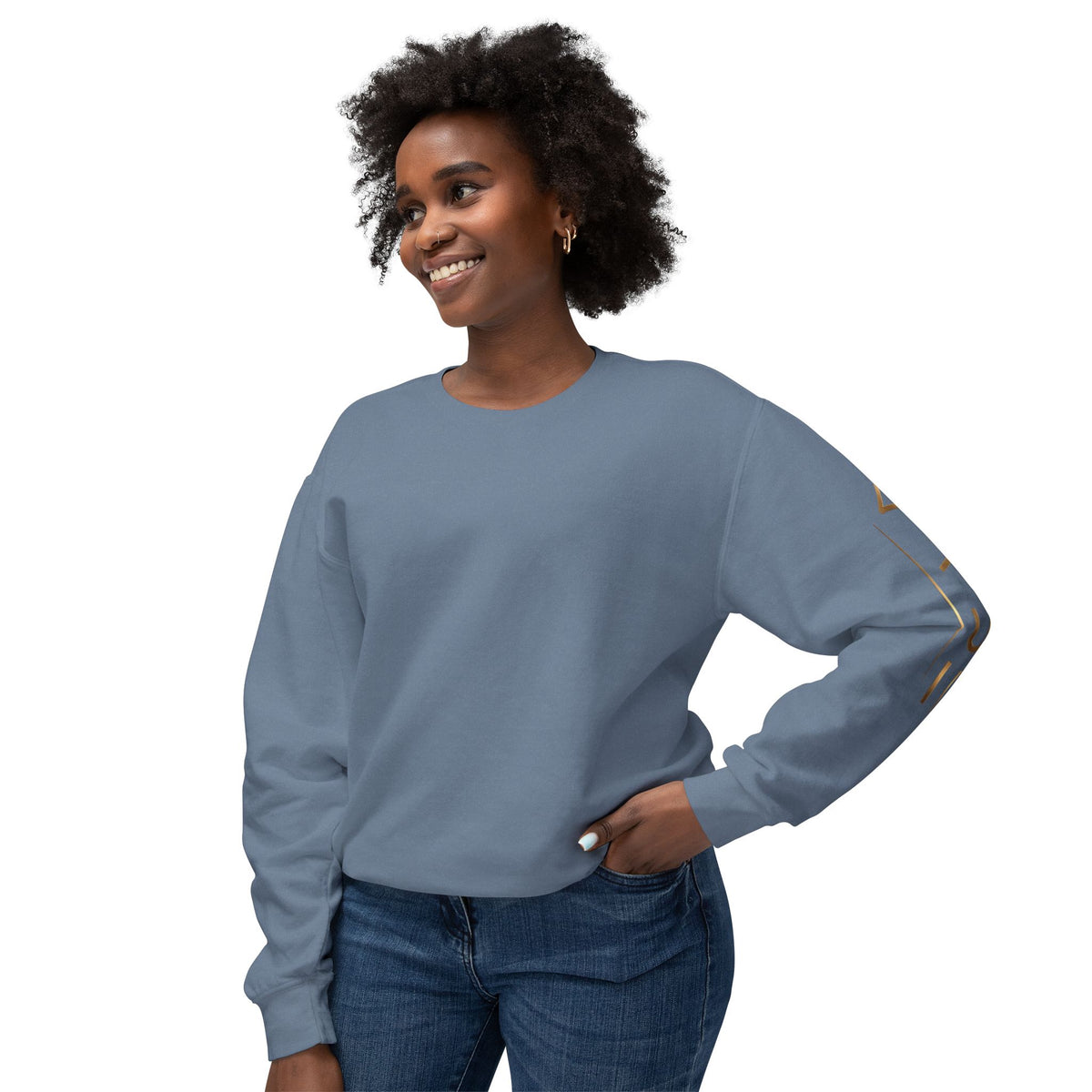 Minimalist White Crewneck Sweatshirt with Gold Sleeve Script