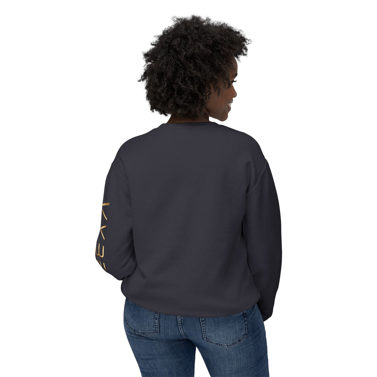 Minimalist White Crewneck Sweatshirt with Gold Sleeve Script