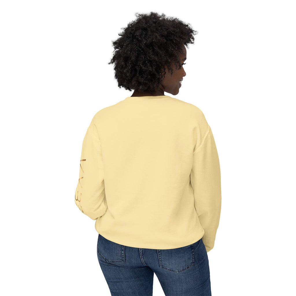 Minimalist White Crewneck Sweatshirt with Gold Sleeve Script