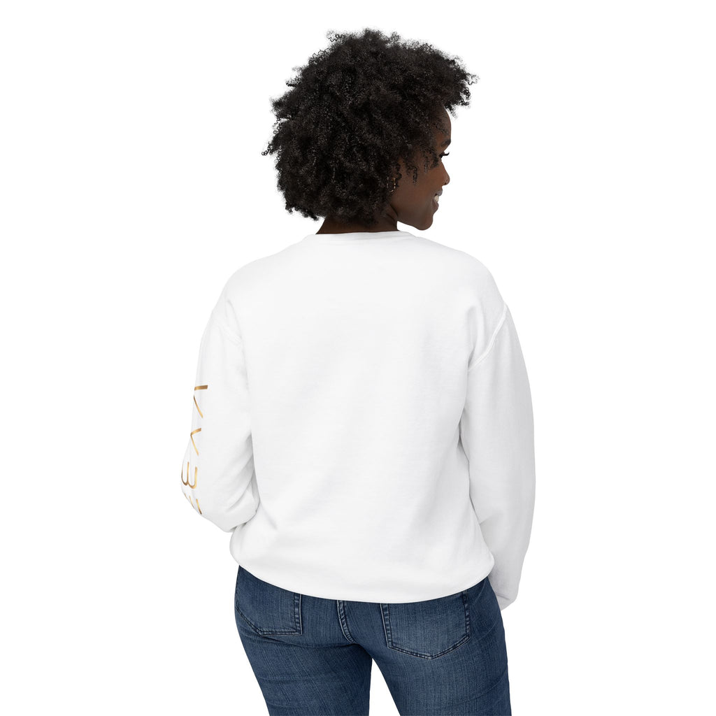 Minimalist White Crewneck Sweatshirt with Gold Sleeve Script