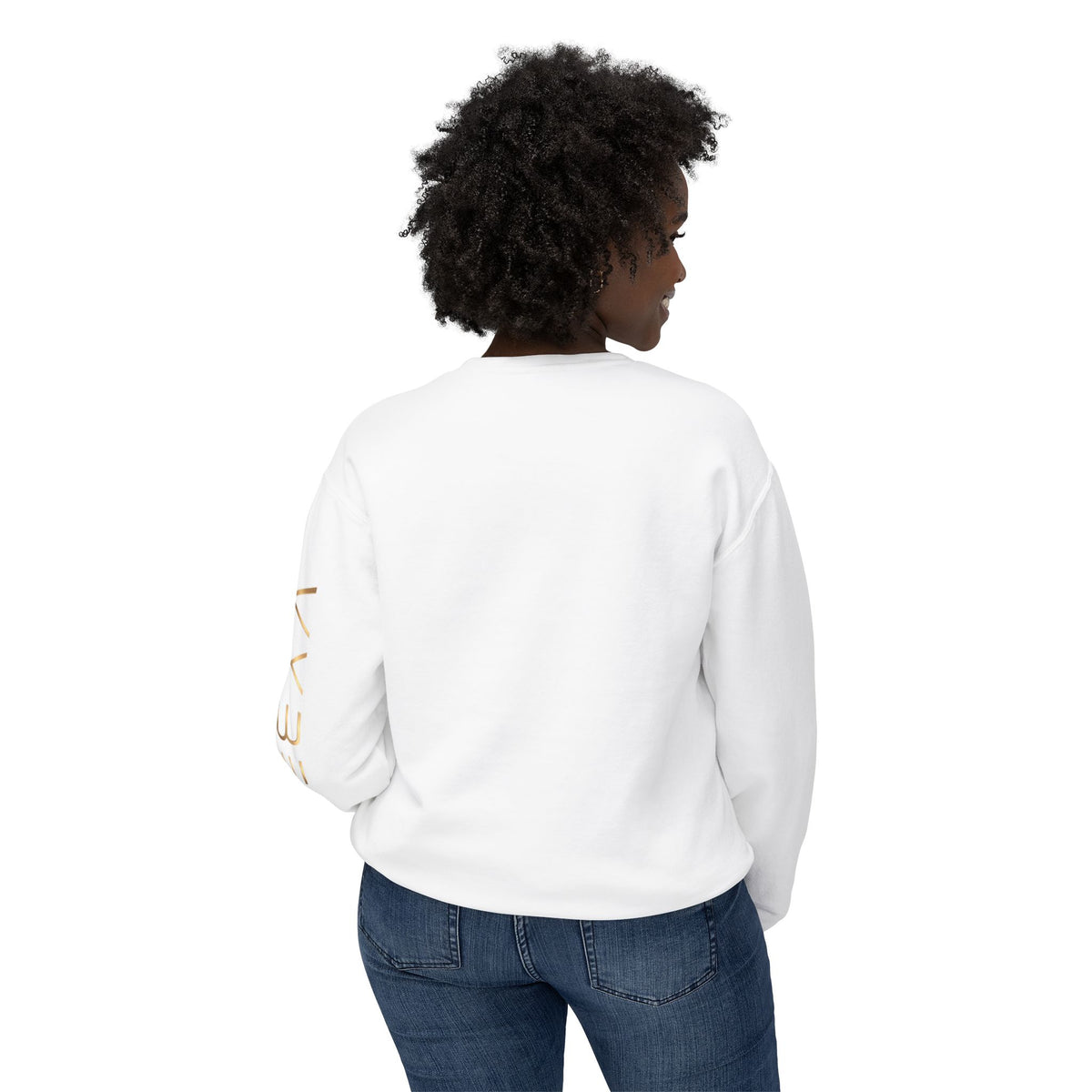 Minimalist White Crewneck Sweatshirt with Gold Sleeve Script