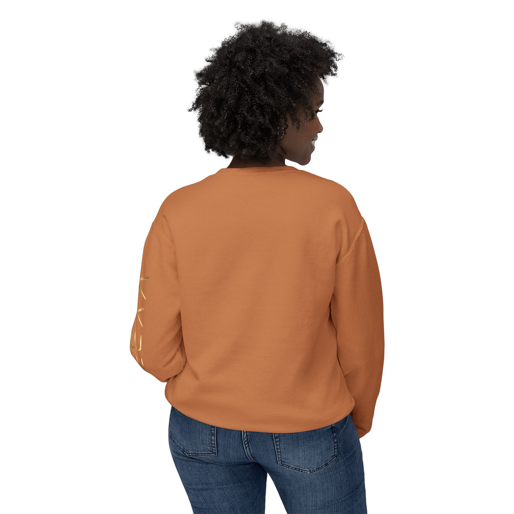 Minimalist White Crewneck Sweatshirt with Gold Sleeve Script