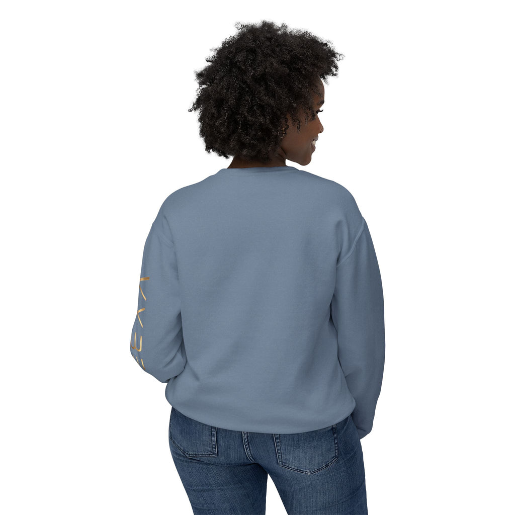 Minimalist White Crewneck Sweatshirt with Gold Sleeve Script