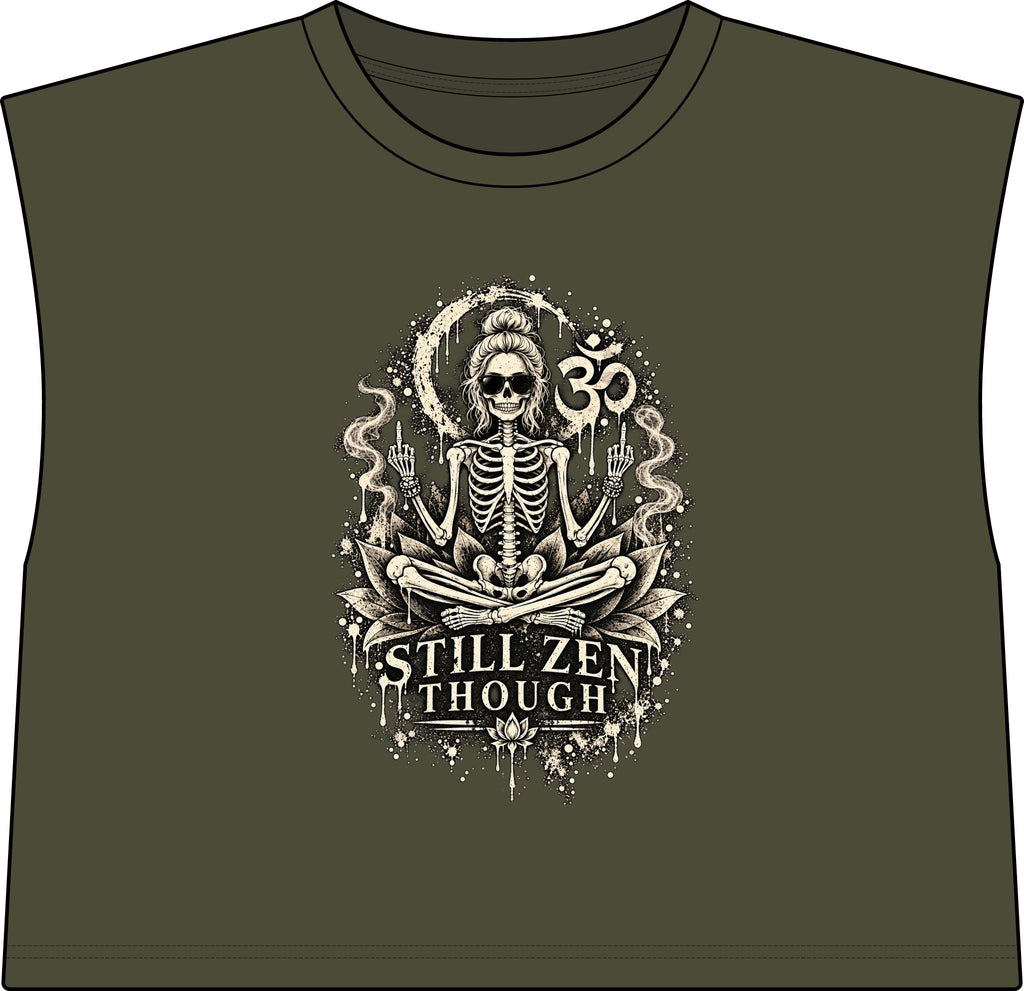 Women’s Muscle Tee — 'Still Zen Though' Skeleton Yoga Graphic