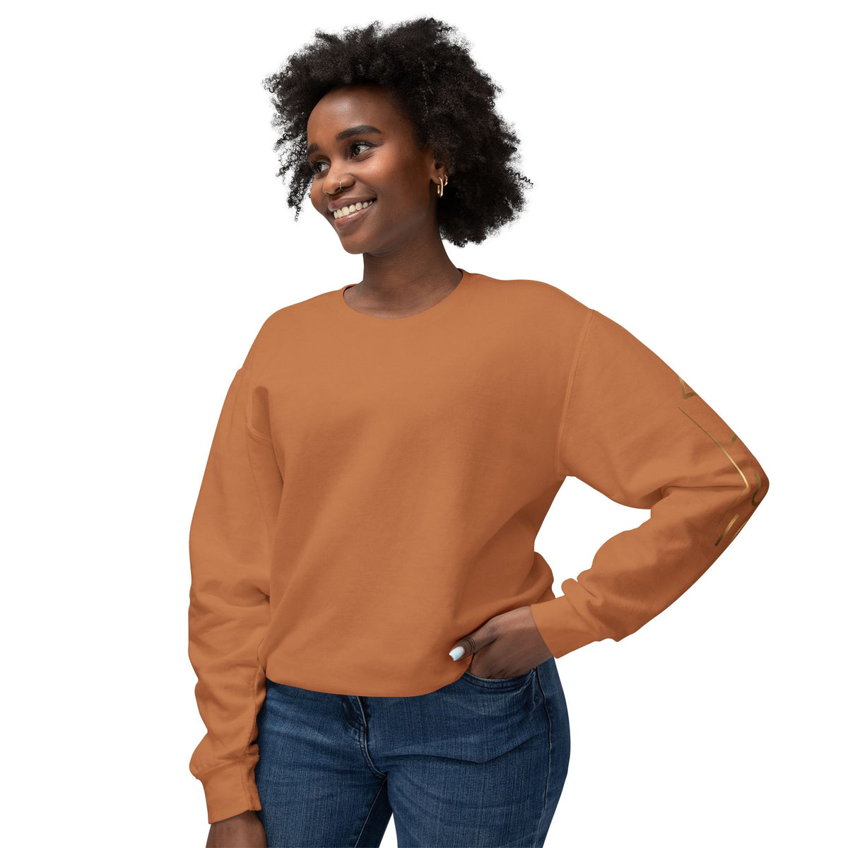 Minimalist White Crewneck Sweatshirt with Gold Sleeve Script